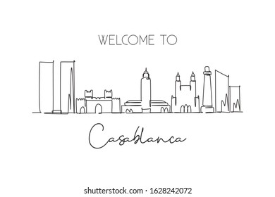 One continuous line drawing of Casablanca city skyline, Morocco. Beautiful landmark wall decor poster. World landscape tourism and travel vacation. Stylish single line draw design vector illustration