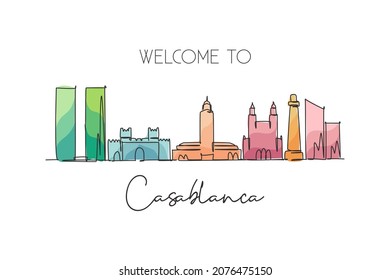 One continuous line drawing of Casablanca city skyline, Morocco. Beautiful landmark wall decor poster. World landscape tourism and travel vacation. Stylish single line draw design vector illustration