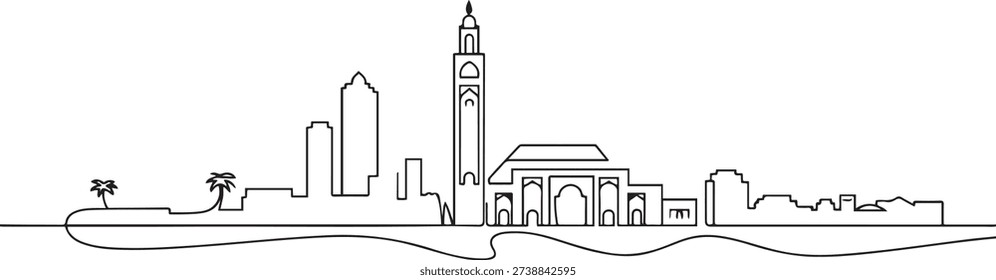 One continuous line drawing of Casablanca city skyline, Morocco. Beautiful landmark wall decor poster. World landscape tourism and travel vacation. one line Icon drawing
