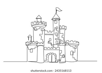 one continuous line drawing of castle.one line drawing of castle fantasy world story.single line vector illustration of castle icon.isolated white background