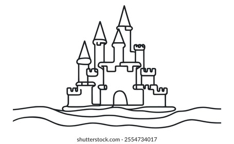 one continuous line drawing of castle. one line drawing of fantasy world castle. isolated white background.