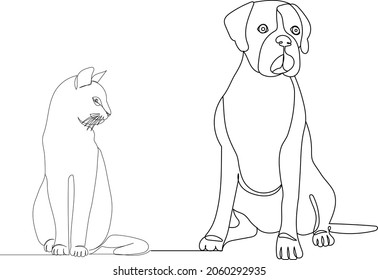 one continuous line drawing of a cat and a dog