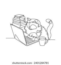 One continuous line drawing of a cat is playing with the laptop on the table vector illustration. cat design illustration simple linear style vector concept. animal vector design for asset.