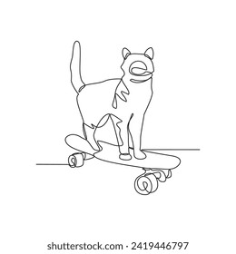 One continuous line drawing of a cat playing skateboarding at the skate park arena vector illustration. Skateboard sport activity illustration in simple linear style vector concept continuous line.