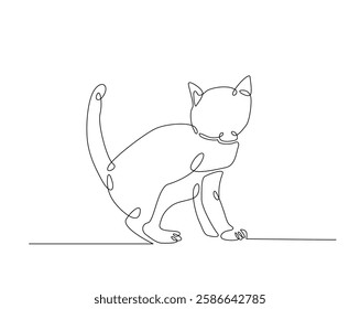 One continuous line drawing of cat- kitten vector illustration. Cute cat draw in monoline design. Technology concept.