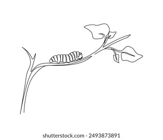 One continuous line drawing Caterpillar on the branch. Caterpillar simple outline vector illustration.