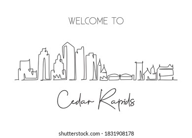 One continuous line drawing of Cedar Rapids city skyline, Iowa. Beautiful landmark. World landscape tourism travel home wall decor poster print art. Stylish single line draw design vector illustration