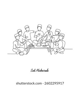 One continuous line drawing of celebration eid mubarak vector illustration. Eid mubarak celebration family time design concept with simple linear style. Islamic themes design for your vector asset.