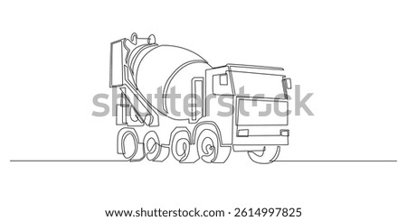 one continuous line drawing of cement mixer truck.one line drawing of truck transportation for construction business and industry.single line vector illustration.isolated on white background