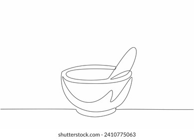 One continuous line drawing of ceramic mortar and pestle for grinding pill and tablet to turn into capsule. National Pharmacist Day. Mixing medicine at drug store concept.