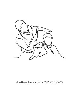 Un dibujo de la ceremonia del Día del Hajj. Fiesta islámica que cae en el décimo día de Dhu al-Hijah del calendario islámico lunar en un estilo simple lineal. Enfermedad vectorial del concepto de diseño islámico