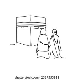 Un dibujo de la ceremonia del Día del Hajj. Fiesta islámica que cae en el décimo día de Dhu al-Hijah del calendario islámico lunar en un estilo simple lineal. Enfermedad vectorial del concepto de diseño islámico