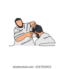 One continuous line drawing of ceremony of Hajj Day. Islamic holiday that falls on the 10th day of Dhu al-Hijjah of the lunar Islamic Calendar in simple linear style. Islamic design concept vector ill