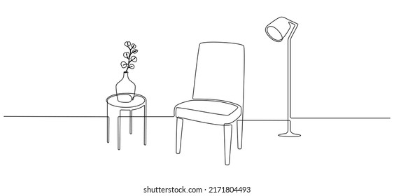One continuous line drawing of chair and lamp and table with vase and plant. Modern scandinavian and loft furniture armchair in simple linear style. Editable stroke. Doodle vector illustration