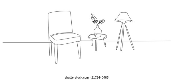 One continuous line drawing of chair and loft lamp and vase with plant. Modern scandinavian and loft furniture armchair in simple linear style. Editable stroke. Doodle vector illustration