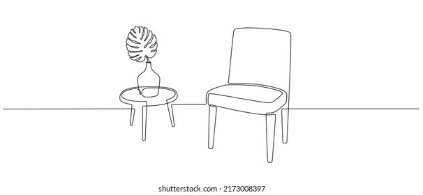 One continuous line drawing of chair and table with vase and monstera leaf. Modern scandinavian and loft furniture armchair in simple linear style. Editable stroke. Doodle vector illustration