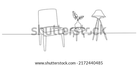 One continuous line drawing of chair and loft lamp and vase with plant. Modern scandinavian and loft furniture armchair in simple linear style. Editable stroke. Doodle vector illustration