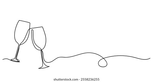 One continuous line drawing of champagne glasses on white background, featuring minimalistic doodle vector illustration. single line art captures essence of New Year celebrations, perfect for banners.