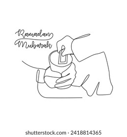 
One continuous line drawing of a charity activities in the month of Ramadan by giving gifts vector illustration. Ramadhan Mubarak activity illustration in simple linear style vector concept.