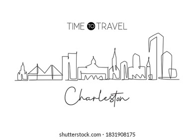 One continuous line drawing Charleston city skyline South Carolina. Beautiful landmark. World landscape tourism travel home wall decor poster print. Stylish single line draw design vector illustration