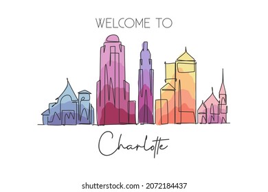 Una línea continua dibujando el perfil de la ciudad de Charlotte, Estados Unidos. Hermoso punto de referencia. Afiche de las vacaciones de turismo en el paisaje mundial. Dibujo de línea simple de trazo elegante editable ilustración vectorial