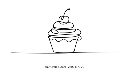 Eine durchgehende Linienzeichnung eines charmanten Cupcakes mit Schlagsahne-Frosting und einer süßen Kirsche auf der Oberseite, minimalistische Bäckerei Dessertgrafik.