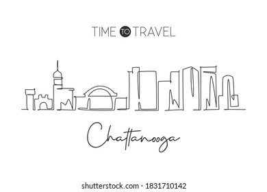 One continuous line drawing Chattanooga city skyline, Tennessee. Beautiful landmark. World landscape tourism travel home wall decor poster print. Stylish single line draw design vector illustration