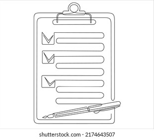 One continuous line drawing of checklist, clipboard and pen. 