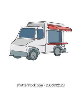 One Continuous Line Drawing Cheerful Food Truck For Festival Logo Emblem. Vintage Van Fast Food Mobile Cafe Shop Logotype Template Concept. Modern Single Line Draw Design Graphic Vector Illustration