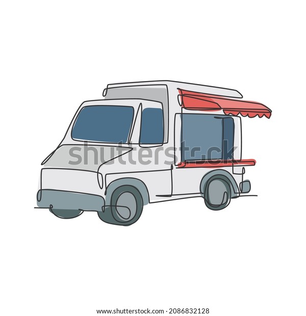 One continuous line drawing cheerful food\
truck for festival logo emblem. Vintage van fast food mobile cafe\
shop logotype template concept. Modern single line draw design\
graphic vector\
illustration