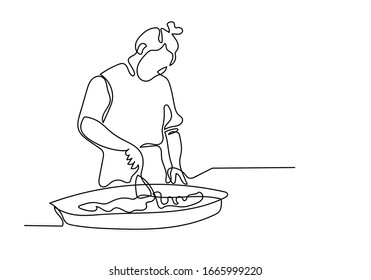 One continuous line drawing of chef prepares food in the kitchen.