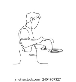 One continuous line drawing of a chef is cooking for a party at a restaurant vector illustration. Design with Minimalist black linear design isolated. Chef themes for your business asset design.