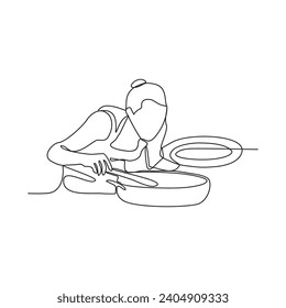 One continuous line drawing of a chef is cooking for a party at a restaurant vector illustration. Design with Minimalist black linear design isolated. Chef themes for your business asset design.