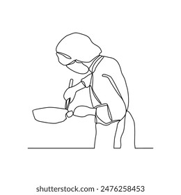 Una línea continua de dibujo de un chef de cocina para los Clientes que piden alimentos y bebidas para cenar en la Ilustración vectorial del restaurante. Actividad de restaurante en un concepto de diseño de Vector de estilo lineal simple.