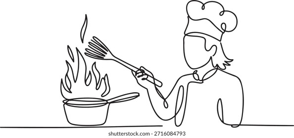 Un dibujo de línea continua de cocinero cocinando alimentos con fuego en una sartén. Arte culinario y concepto de restaurante. Diseño minimalista de arte lineal para espectáculos de cocina y contenido relacionado con la comida. Profesional cocinero preparando comida. Escena de cocina con sombrero de chef y espátula. Chef revolviendo los alimentos en una sartén. Cocinar con estilo y pasión. Preparación de comida gourmet.