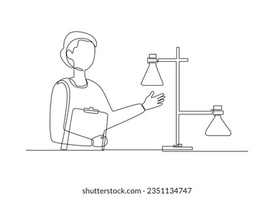 Una línea continua de diseño de equipos de laboratorio de química y física. Ilustración del vector Doodle en un estilo lineal simple. 