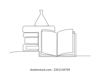 One continuous line drawing of Chemistry and physics laboratory equipment concept. Doodle vector illustration in simple linear style. 