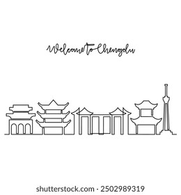 Un dibujo de línea continua de la Ilustración vectorial del horizonte de Chengdu. Ciudad moderna en China en concepto de diseño de Vector de estilo lineal simple. Gran ciudad en China. Edificio emblemático del horizonte arquitectónico