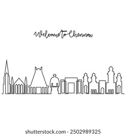 One continuous line drawing of Chennai skyline vector illustration. Modern city in India in simple linear style vector design concept. Big city in India. Iconic architectural skyline building