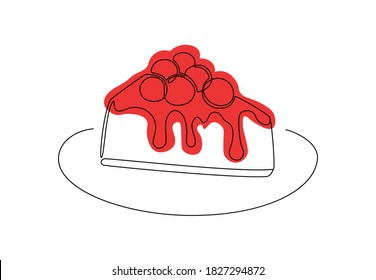 One continuous line drawing of cherry cheesecake. Hand drawn piece of cake for logo, cafe and bakery concept. Vector minimalist design
