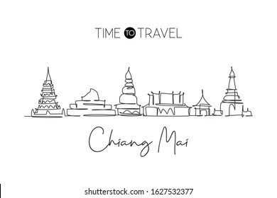 One continuous line drawing Chiang Mai city skyline, Thailand. Beautiful landmark. World landscape tourism travel vacation poster. Editable stylish stroke single line draw design vector illustration