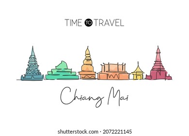 Una línea continua dibujando el horizonte de la ciudad de Chiang Mai, Tailandia. Hermoso punto de referencia. Afiche de las vacaciones de turismo en el paisaje mundial. Dibujo de línea simple de trazo elegante editable ilustración vectorial