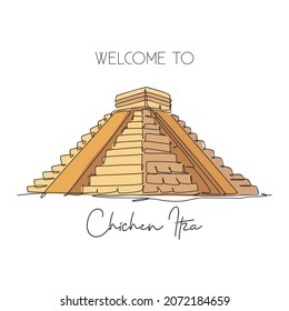 Eine durchgehende Linie Zeichnung Chichen Itza Mayan Pyramid Wahrzeichen. Weltberühmter Ort im Yucatan Mexiko. Urlaubswände-Dekor Art Poster Print Konzept. Vektorgrafik-Design für einzelne Linien