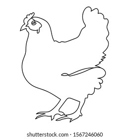 One continuous line drawing of a chicken to identify the poultry logo. Single line draw design vector illustration.