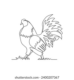 One continuous line drawing of Chicken are looking for food around the house yard vector illustration. Animal activity design illustration simple linear style vector concept. Animal design concept