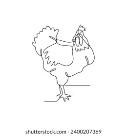 One continuous line drawing of Chicken are looking for food around the house yard vector illustration. Animal activity design illustration simple linear style vector concept. Animal design concept