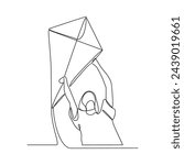 One continuous line drawing of a child was playing a kite in the field happily vector illustration. playing kite activity illustration in simple linear style vector design concept. Kite hobbies design