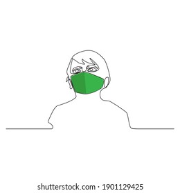 One continuous line drawing of child girl wear a medical face mask. Concept of corona virus.