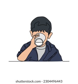 One continuous line drawing of a child is drinking milk. beverage in simple linear style. beverage design concept vector illustration