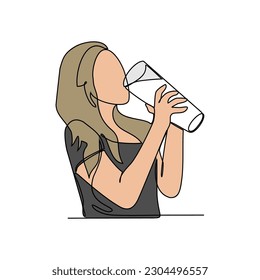 One continuous line drawing of a child is drinking milk. beverage in simple linear style. beverage design concept vector illustration
